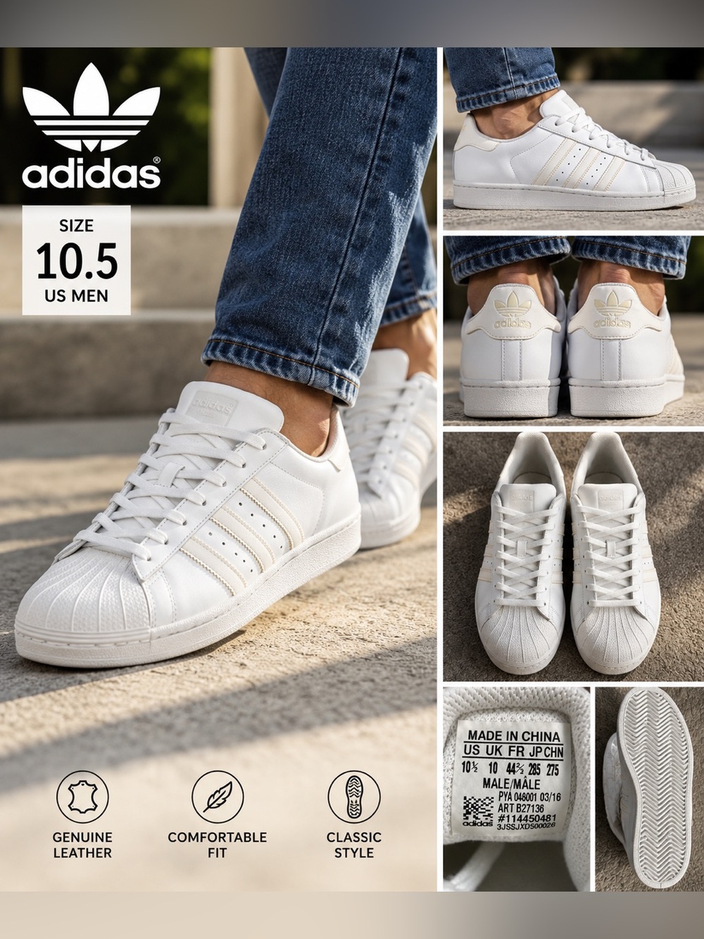 adidas Superstar Men’s White Leather Sneakers Size 10.5 US Classic Shell Toe